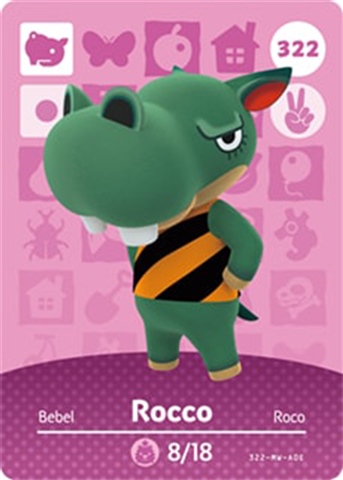 Animal Crossing Amiibo Card - Rocco #322 From Series 4 - Mint Condition, Never Scanned, In Toploader
